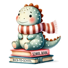 Adorable watercolor dinosaur illustration ready for back to school! This cute dino wears a backpack and holds school supplies, perfect for kids' educational materials, classroom decor, nursery art.