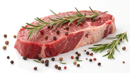 Juicy Raw Steak Garnished with Rosemary and Peppercorns Ready for Grilling