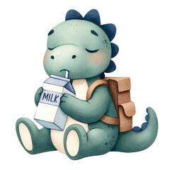 Adorable watercolor dinosaur illustration ready for back to school! This cute dino wears a backpack and holds school supplies, perfect for kids' educational materials, classroom decor, nursery art.