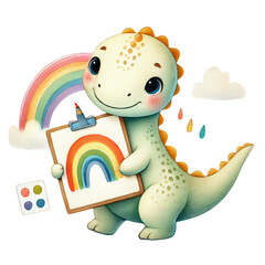 Adorable watercolor dinosaur illustration ready for back to school! This cute dino wears a backpack and holds school supplies, perfect for kids' educational materials, classroom decor, nursery art.