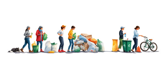 Fototapeta premium Watercolor Style – Volunteers Collecting Garbage and Sorting Waste: Silhouettes of Teams Cleaning Up Plastic for Environmental Conservation and Climate Action | Vector Illustration.