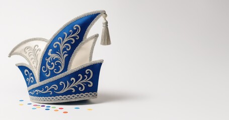 Blaue Karneval Prinzenmütze mit Silberstickerei und Konfetti auf weißem Hintergrund