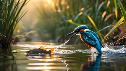 great blue heron ardea cinerea A kingfisher diving into a river to catch a fish Kingfisher's Catch A Splash of Iridescence