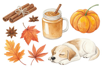 Cozy Autumn Vibes Pumpkin Spice Latte, Cinnamon, Maple Leaves, and a Sleeping Puppy