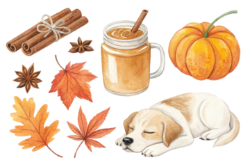 Cozy Autumn Vibes Pumpkin Spice Latte, Cinnamon, Maple Leaves, and a Sleeping Puppy