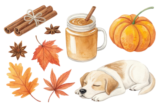Cozy Autumn Vibes Pumpkin Spice Latte, Cinnamon, Maple Leaves, and a Sleeping Puppy