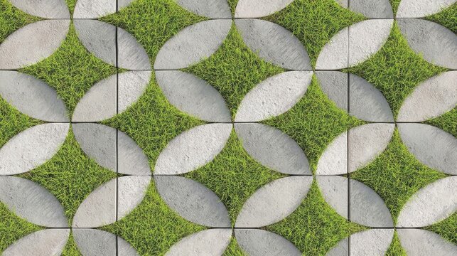 Green grass growing between paving stones creates a beautiful geometric pattern, ideal for backgrounds and textures related to landscaping, gardening, and urban design