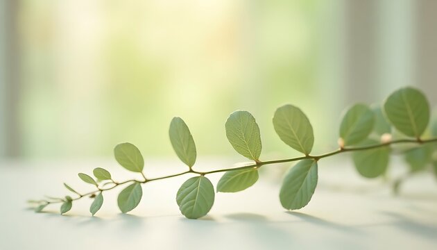 Green twig with oval leaves on white surface with light background