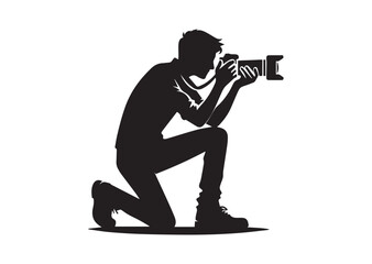 A man is crouching down and taking a picture with a camera Silhouette Vector