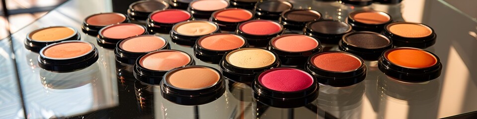 A variety of face powder and blush compacts arranged in a geometric pattern on a glass table, with light 