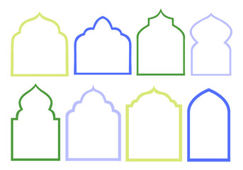 Islamic Arch Frame Outline Collection. A complete collection of decorative islamic arch frames featuring domes peaks and stepped motifs in clean line art. Perfect for posters template religious design