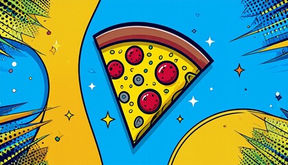 Colorful pop art slice of pizza featuring pepperoni and cheese on a vibrant blue background with comic style elements