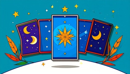 Exploring the mystical world of tarot cards with vivid colors and celestial designs under a starry theme