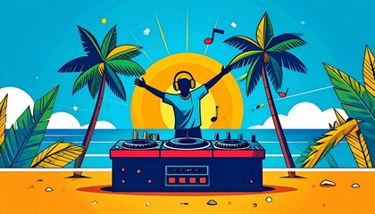 DJ performs lively music set on sunny beach with palm trees during vibrant sunset