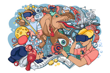 Virtual reality. People with smart glasses. Technology, games, science, virtual education. Sketch vector illustration