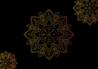 Golden ornamental patterned stone relief in Arabic architectural style of Islamic mosque, greeting card for Ramadan Kareem, Islamic background in black background color.