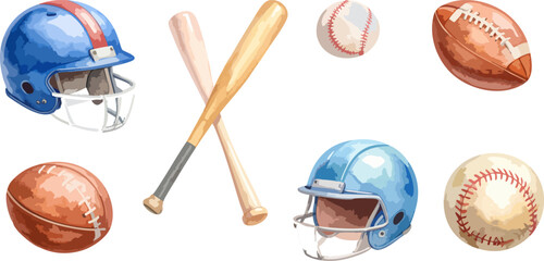 Vector illustration of red and white baseball equipment set with bat and ball, isolated on white background.
