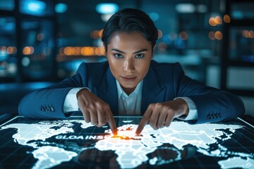 Businesswoman analyzing a global map on a touch screen.