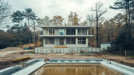 Obraz premium Modern House Under Construction in Wooded Area