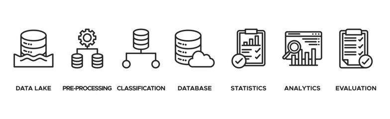 Data engineering banner web icon vector illustration concept with icon of data lake, pre-processing, classification, database, statistics, analytics and evaluation