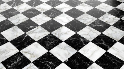 Polished marble tiles creating checkered flooring with contrasting black and white squares, highlighting elegant geometric design for luxury interiors