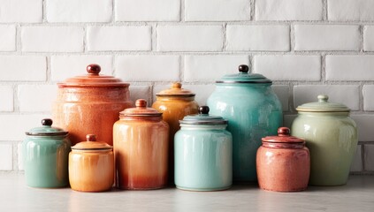 A collection of ceramic canisters in assorted pastel colors, arranged on a countertop against a white brick backdrop