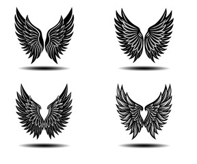 Vintage Distressed Angel Wings Vector Collection. Black feather wing silhouettes perfect for gothic tattoos, fantasy themes, spiritual branding, and memorial artwork. High-resolution vectors.

