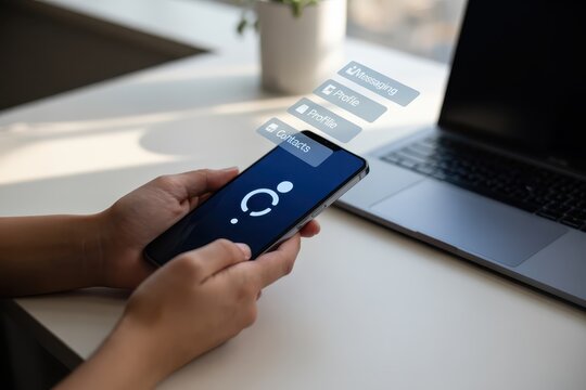 Smartphone displaying app options in a modern workspace.