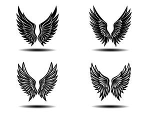 Angel Wings Vector Set in Black with Distressed Feather Design. Perfect for tattoo art, gothic illustrations, fantasy branding, spiritual prints, and memorial logos in scalable vector format.

