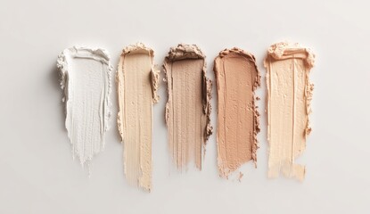 Five vertical swatches of creamy makeup in varying shades of beige and off-white,  arranged against a light gray background