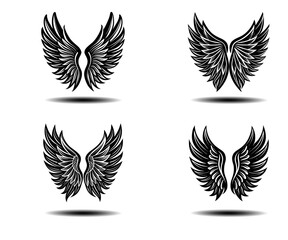 Vintage Distressed Angel Wings Vector Pack. Black feather wing icons perfect for gothic tattoos, fantasy illustrations, spiritual themes, and memorial branding in clean vector format.

