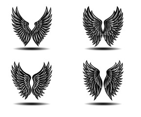 Black Feather Angel Wings Vector Collection. Distressed wing silhouettes for tattoo design, gothic art, fantasy themes, and spiritual logos. Elegant, scalable vector illustrations in EPS format.

