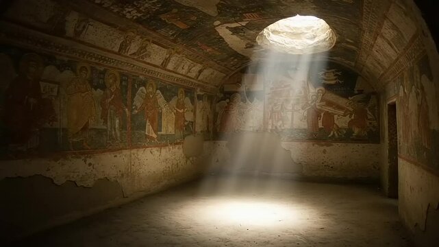 Sunlight streaming into ancient cave with frescoes