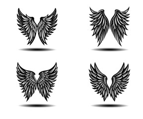 Dark Angel Wings Vector Set in Black. Distressed feather wing illustrations for gothic tattoos, fantasy branding, spiritual prints, and memorial designs in scalable vector format.

