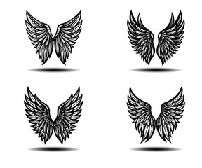 Angel Black Wings Vector Set with Vintage Distressed Feather Style. Perfect for tattoo designs, gothic art, fantasy themes, spiritual logos, and memorial branding in EPS vector format.

