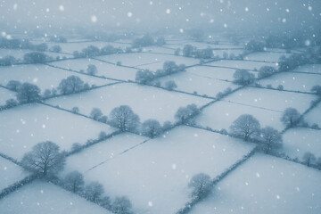 Snow-Covered Fair Meadows – Aerial Winter Landscape with Scenic Snowfall and Frozen Fields

