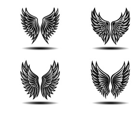 Distressed Angel Wings Vector Pack in Black. Feather wing silhouettes for tattoo design, gothic decor, fantasy art, and spiritual branding. Clean and scalable vector illustrations included.

