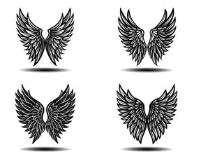 Symmetrical Angel Wings Vector Pack in Black. Distressed feather wing icons perfect for gothic tattoos, fantasy branding, spiritual symbolism, and memorial artwork in scalable vector format.

