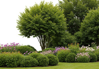 Isolated Lush Garden Landscape with Green Trees and Flowering Bushes