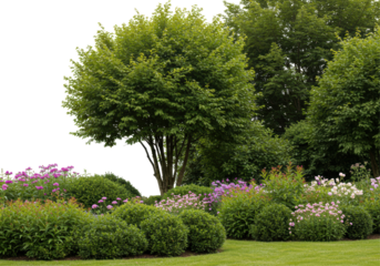Isolated Lush Garden Landscape with Green Trees and Flowering Bushes