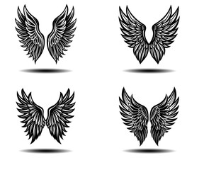 Vintage Gothic Angel Wings Vector Pack. Distressed black feather illustrations perfect for memorial prints, fantasy artwork, tattoo design, and spiritual logo projects in vector format.

