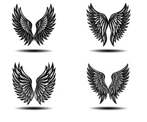Angel Black Wings Vector Illustration Set. Includes feather wings in grunge and distressed design, suitable for dark fantasy, spiritual concepts, gothic themes, and tattoo-style artwork.

