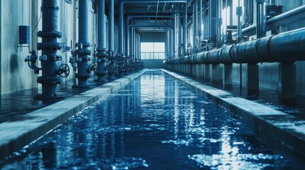 Water Rate. Inside Wastewater Treatment Facility with Pipes, Indicators, and Sensors