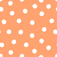 Seamless polka dot pattern with white uneven circles on pastel orange background. Minimal abstract texture.