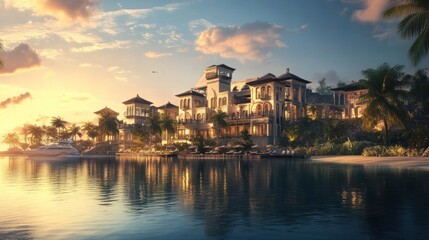 Naklejka premium Luxury Waterfront Estate at Sunset