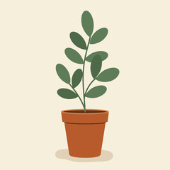 Flat vector houseplant in terracotta pot. Calm green home decor for yoga and meditation zone.
