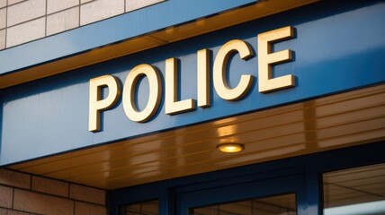 Gold lettering spelling out the word POLICE on a blue sign.