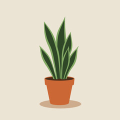 Flat vector houseplant in terracotta pot. Calm green home decor for yoga and meditation zone.
