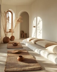 Meditation room styled with light rhythm harmony, clean white walls, handmade clay vases, and raw silk yoga mats Minimalist Wellness Spaces Futuristic Sensory Meditation Pods