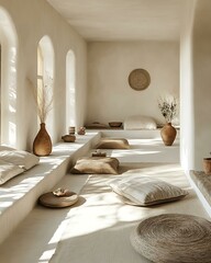 Meditation room styled with light rhythm harmony, clean white walls, handmade clay vases, and raw silk yoga mats Minimalist Wellness Spaces Futuristic Sensory Meditation Pods